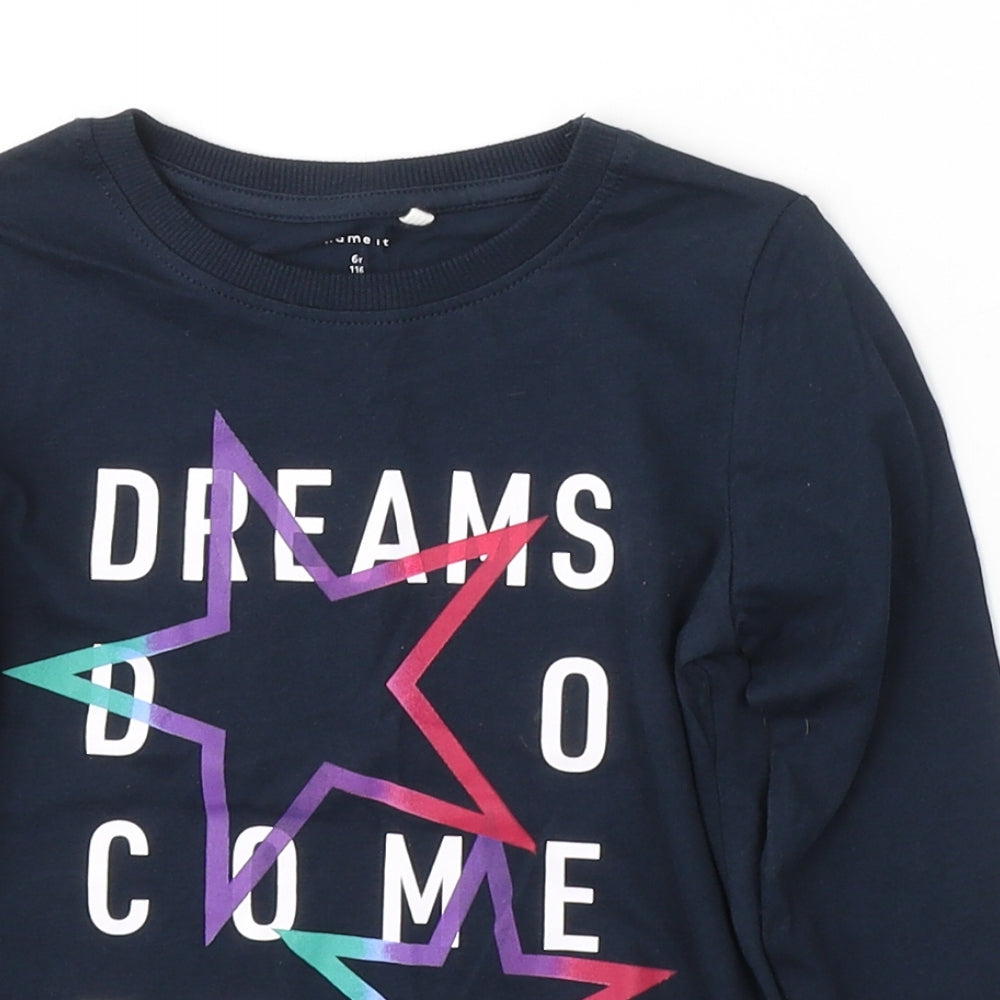 name it Girls Blue Geometric Cotton Basic Casual Size 6 Years Round Neck Pullover - dreams come true