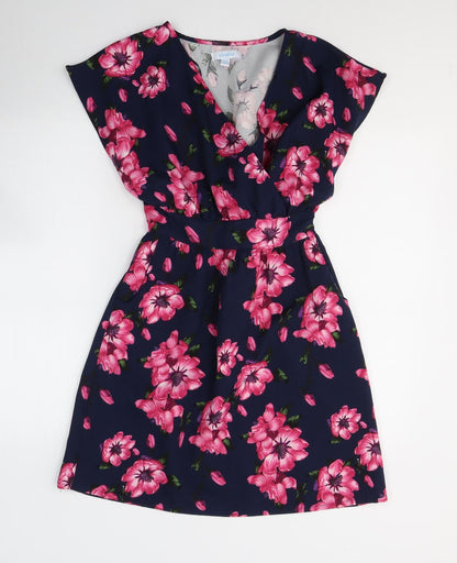 BLUE VANILLA Womens Blue Floral Polyester Fit & Flare  Size 8  V-Neck Pullover
