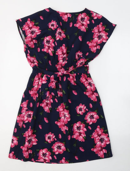 BLUE VANILLA Womens Blue Floral Polyester Fit & Flare  Size 8  V-Neck Pullover
