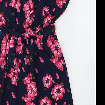 BLUE VANILLA Womens Blue Floral Polyester Fit & Flare  Size 8  V-Neck Pullover
