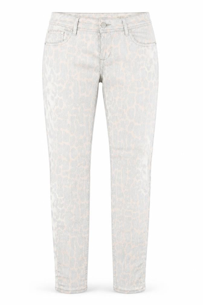 Front view of H&M women’s grey animal print cotton straight jeans, size UK 30, in, 32-inch leg regular button