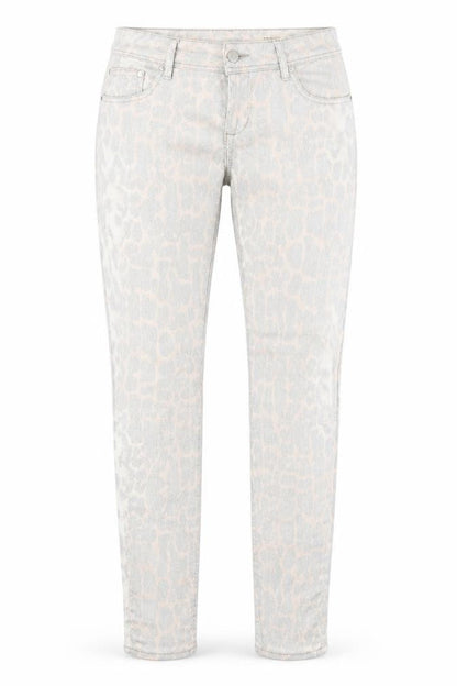 Front view of H&M women’s grey animal print cotton straight jeans, size UK 30, in, 32-inch leg regular button