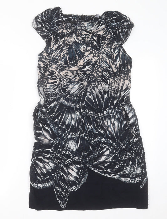 Dorothy Perkins Womens Black Geometric Viscose A-Line  Size 12  Crew Neck Zip