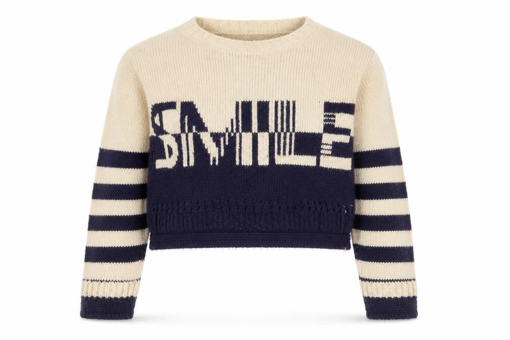 Front view of River Island women’s brown crew neck striped acrylic jumper, size UK 8