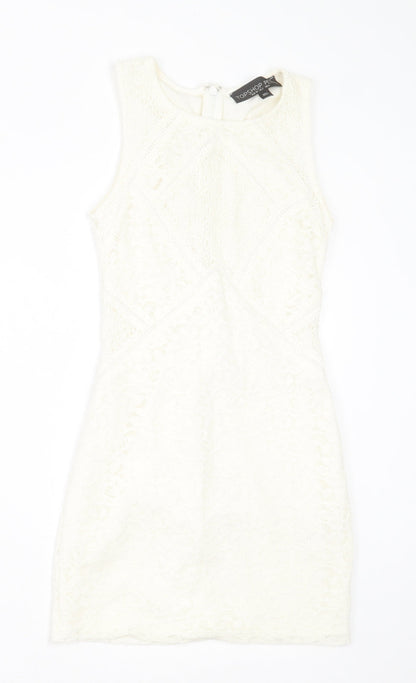 Topshop Womens White  Nylon Bodycon  Size 6  Crew Neck Zip