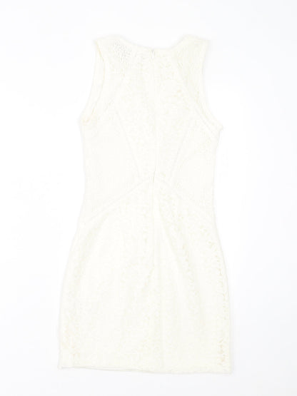 Topshop Womens White  Nylon Bodycon  Size 6  Crew Neck Zip