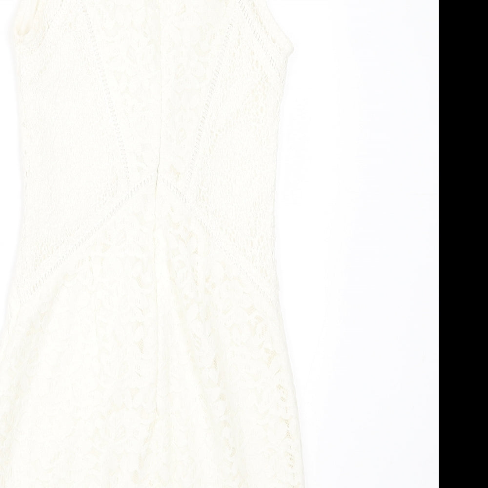 Topshop Womens White  Nylon Bodycon  Size 6  Crew Neck Zip