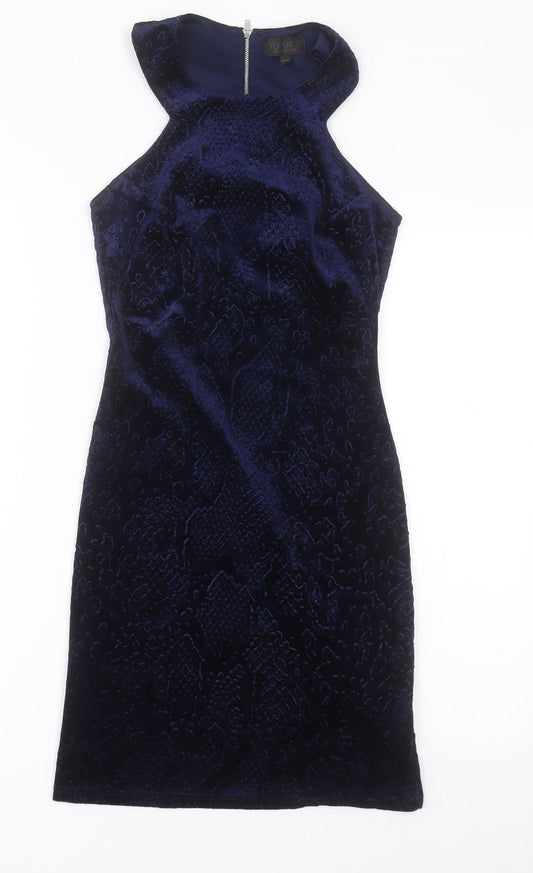 Topshop Womens Blue Geometric Polyester Bodycon  Size 6  Crew Neck Zip