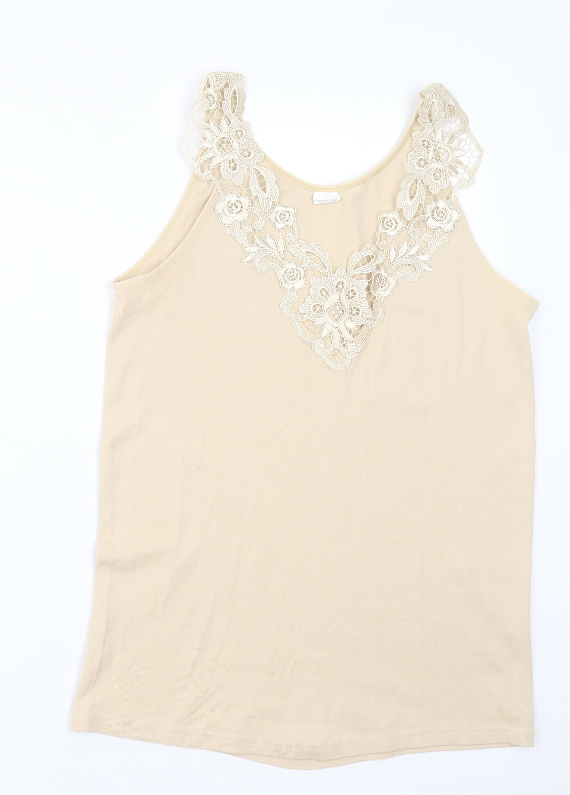 Additional front view of Fathi women’s beige cotton basic tank, size UK 6, v-neck