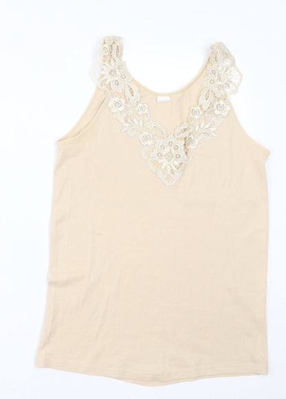 Additional front view of Fathi women’s beige cotton basic tank, size UK 6, v-neck