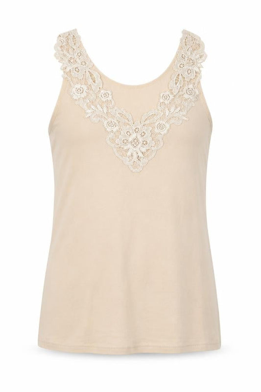 Front view of Fathi women’s beige cotton basic tank, size UK 6, v-neck