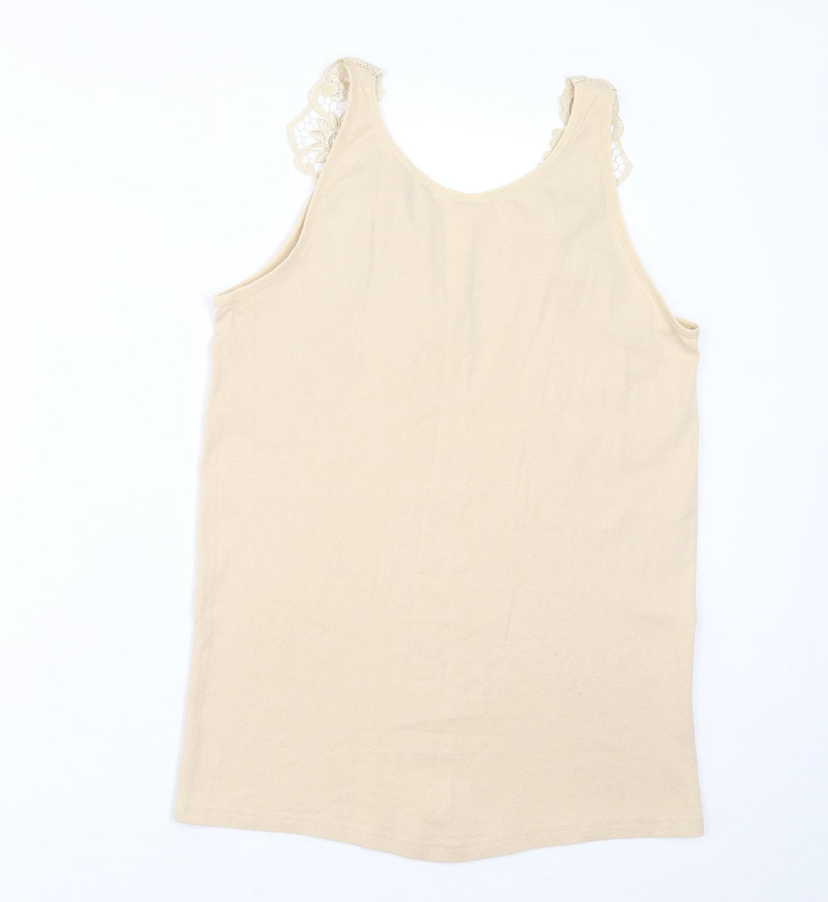 Back view of Fathi women’s beige cotton basic tank, size UK 6, v-neck