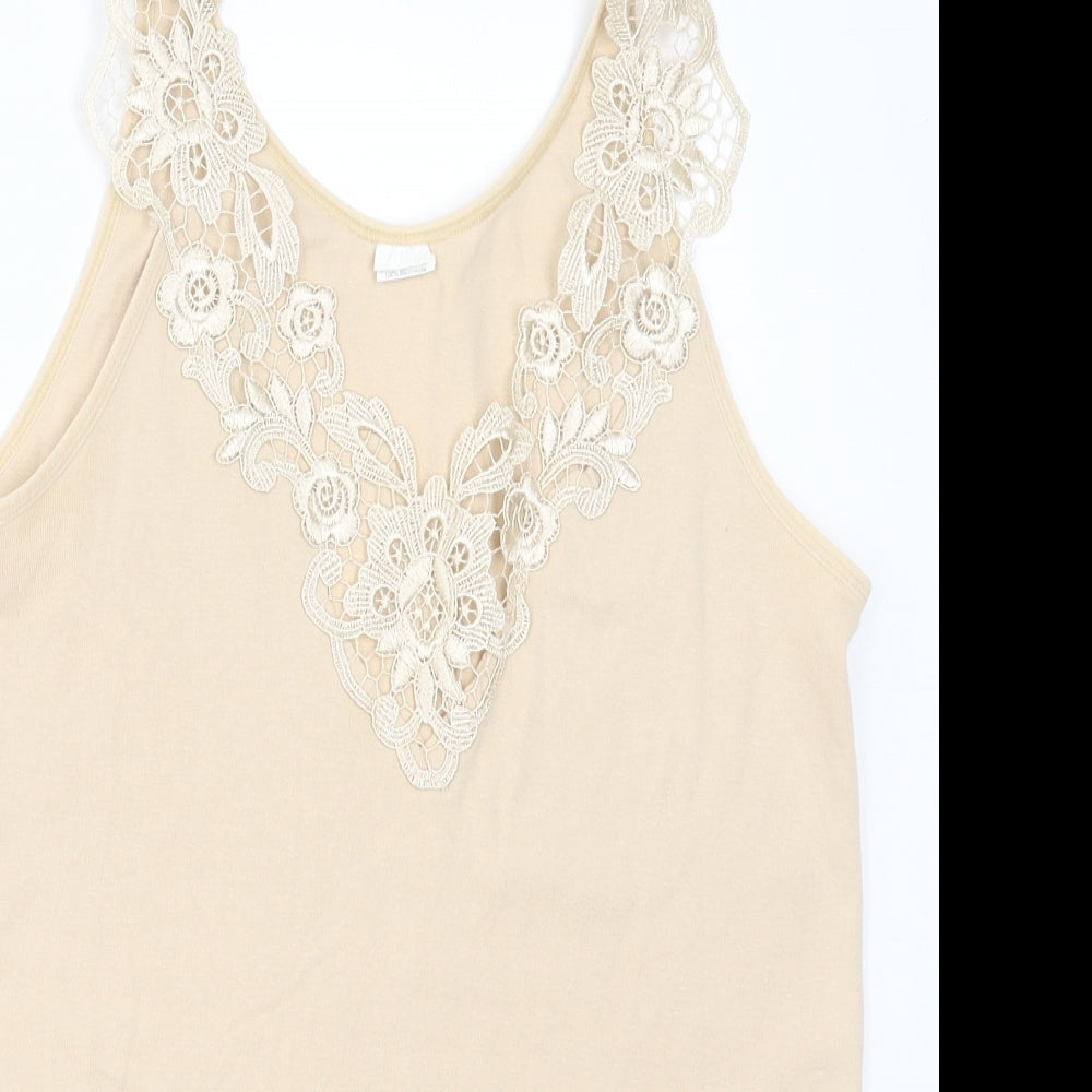 Close-up detail of Fathi women’s beige cotton basic tank, size UK 6, v-neck