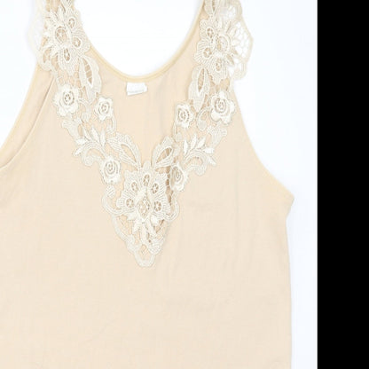 Close-up detail of Fathi women’s beige cotton basic tank, size UK 6, v-neck