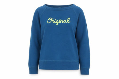 Front view of Gap women’s blue cotton pullover sweatshirt, size S, pullover