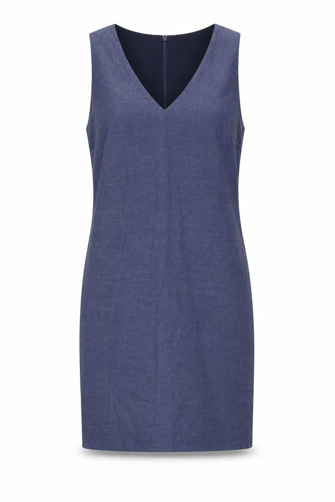 Front view of Next women’s blue polyester pencil dress, size UK 8, v-neck zip
