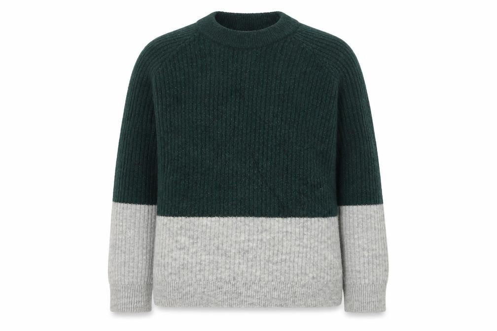 Front view of Envii women’s green round neck acrylic jumper, size S