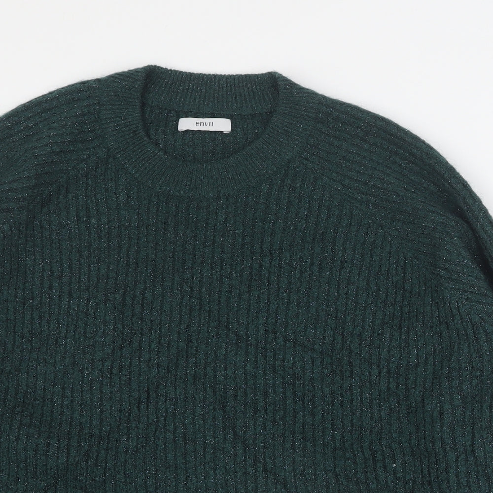 Close-up detail of Envii women’s green round neck acrylic jumper, size S