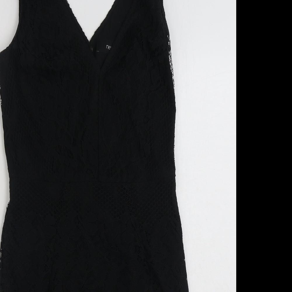 NEXT Womens Black Floral Polyester Shift  Size 8  V-Neck Zip