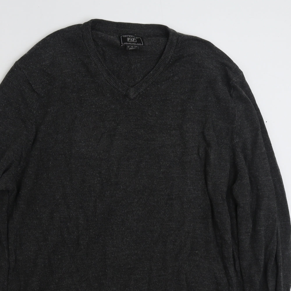 F&F Mens Grey V-Neck  Acrylic Pullover Jumper Size L