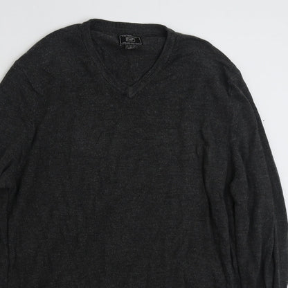 F&F Mens Grey V-Neck  Acrylic Pullover Jumper Size L