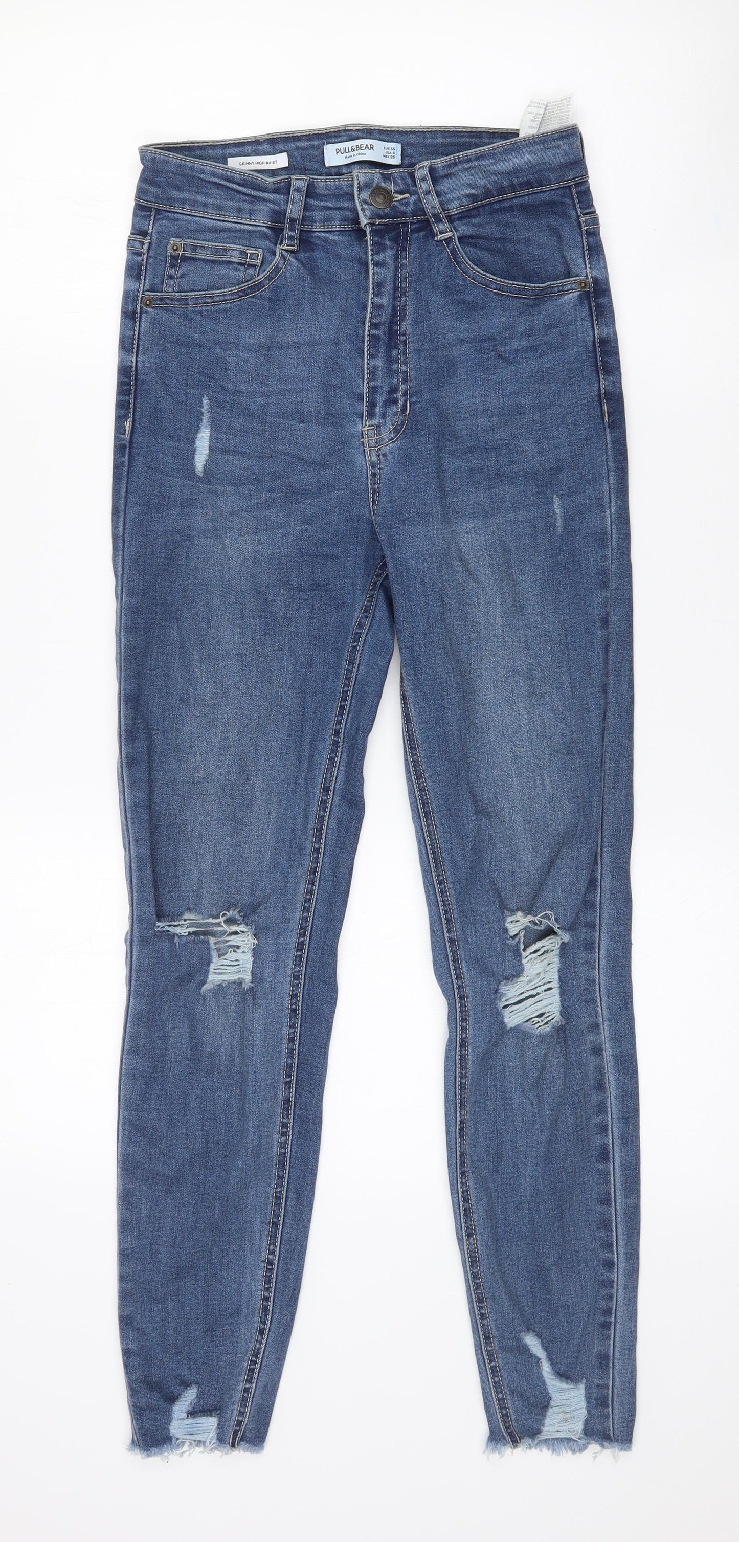 Pull&Bear Womens Blue  Cotton Skinny Jeans Size 8 L26 in Slim Zip - Ripped