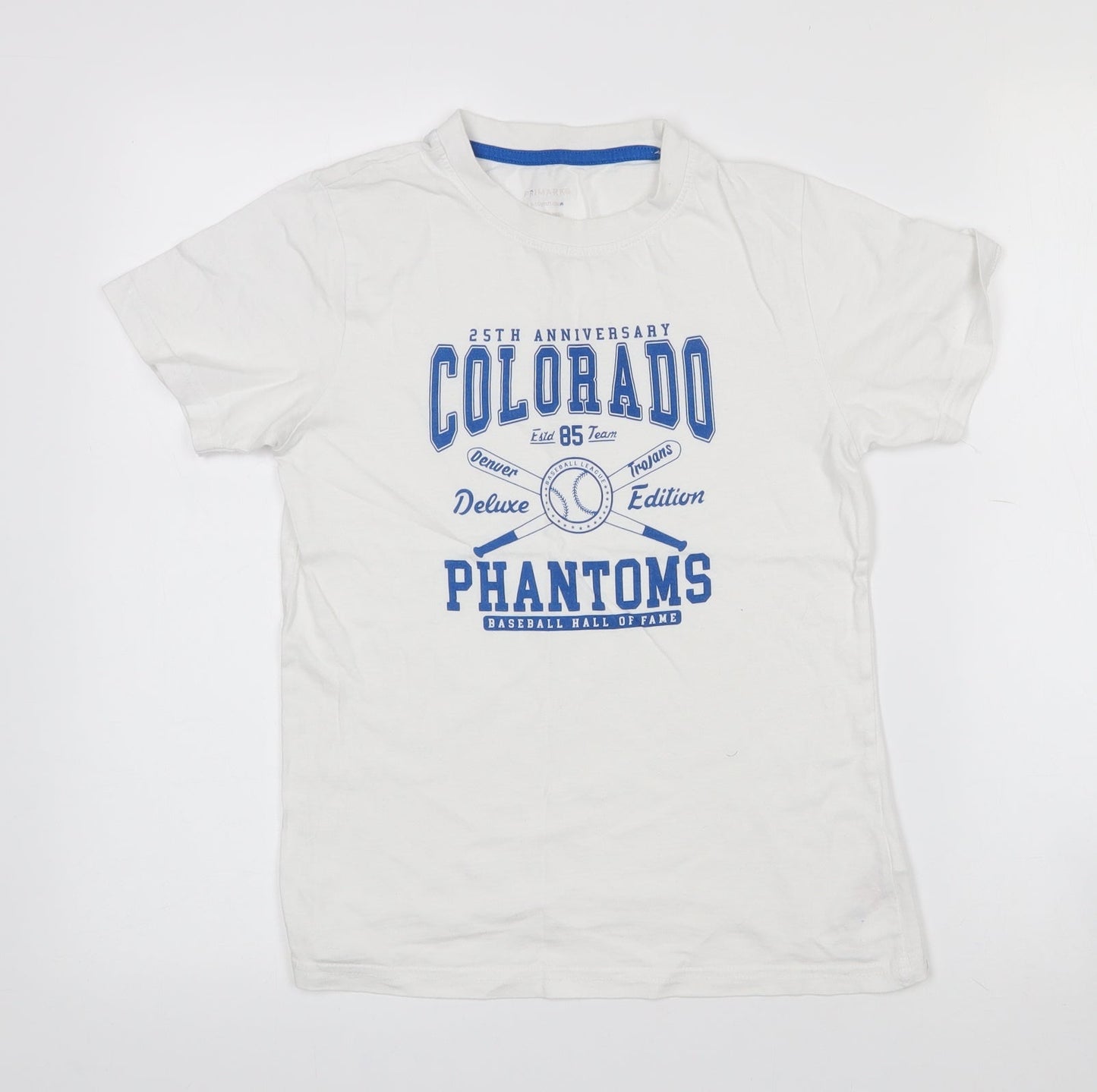Primark Boys White  Cotton Pullover T-Shirt Size 9-10 Years Crew Neck  - Baseball