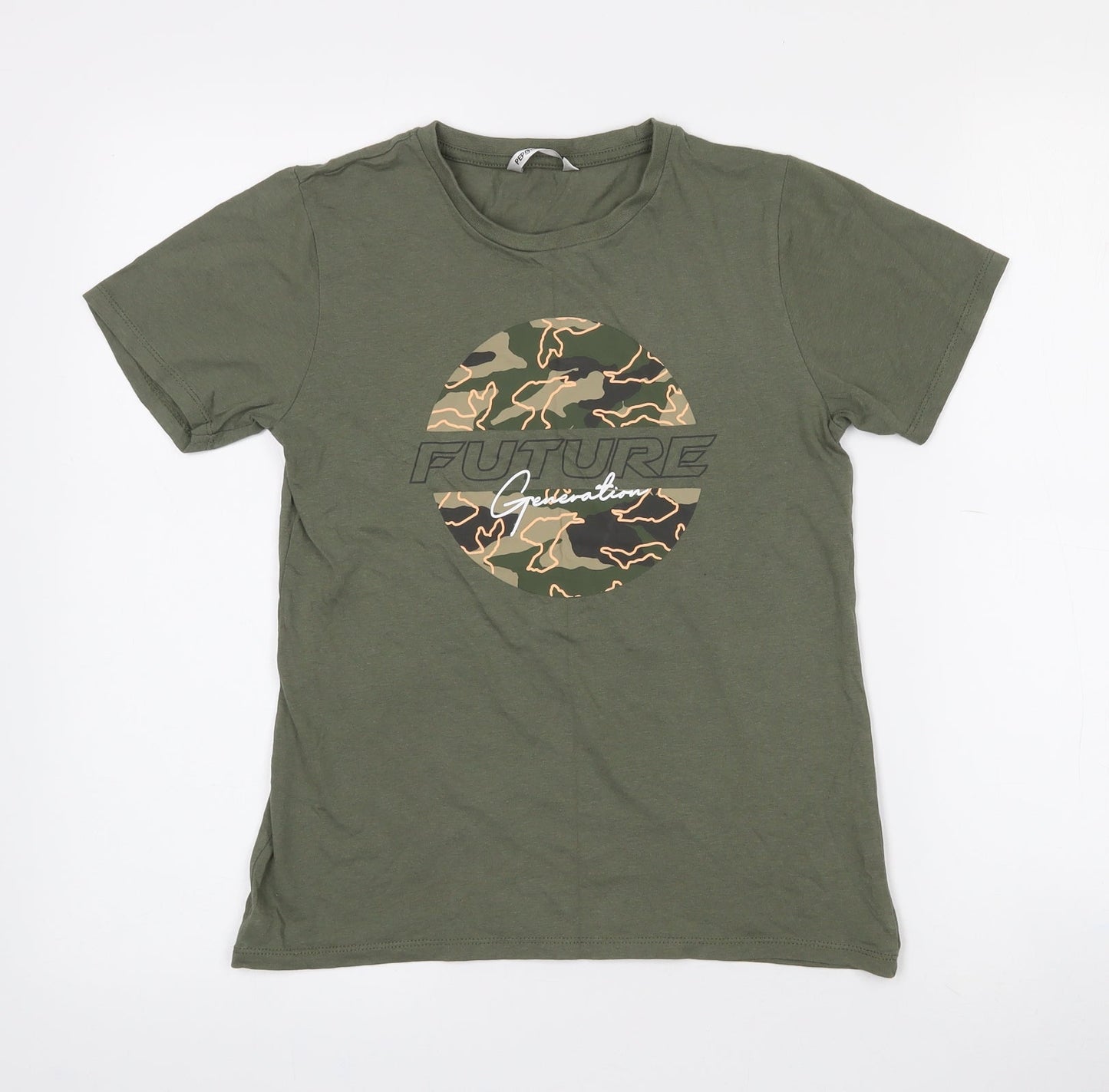 Pep & Co Girls Green Camouflage 100% Cotton Pullover T-Shirt Size 10-11 Years Crew Neck  - Future Generation