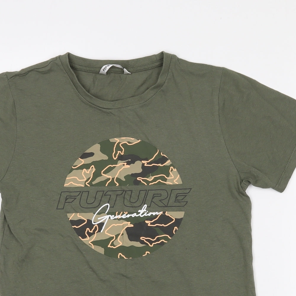 Pep & Co Girls Green Camouflage 100% Cotton Pullover T-Shirt Size 10-11 Years Crew Neck  - Future Generation