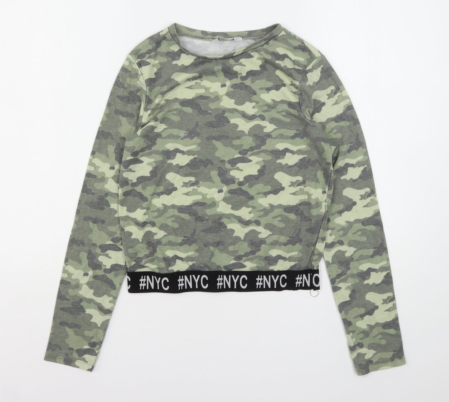 Primark Girls Green Camouflage Cotton Cropped T-Shirt Size 14-15 Years Round Neck