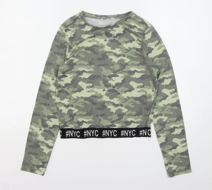 Primark Girls Green Camouflage Cotton Cropped T-Shirt Size 14-15 Years Round Neck