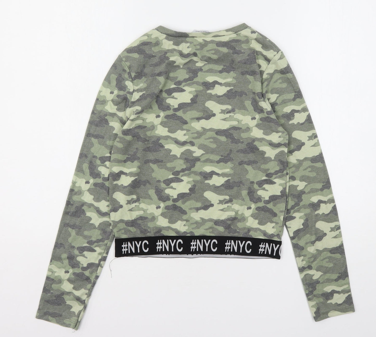 Primark Girls Green Camouflage Cotton Cropped T-Shirt Size 14-15 Years Round Neck