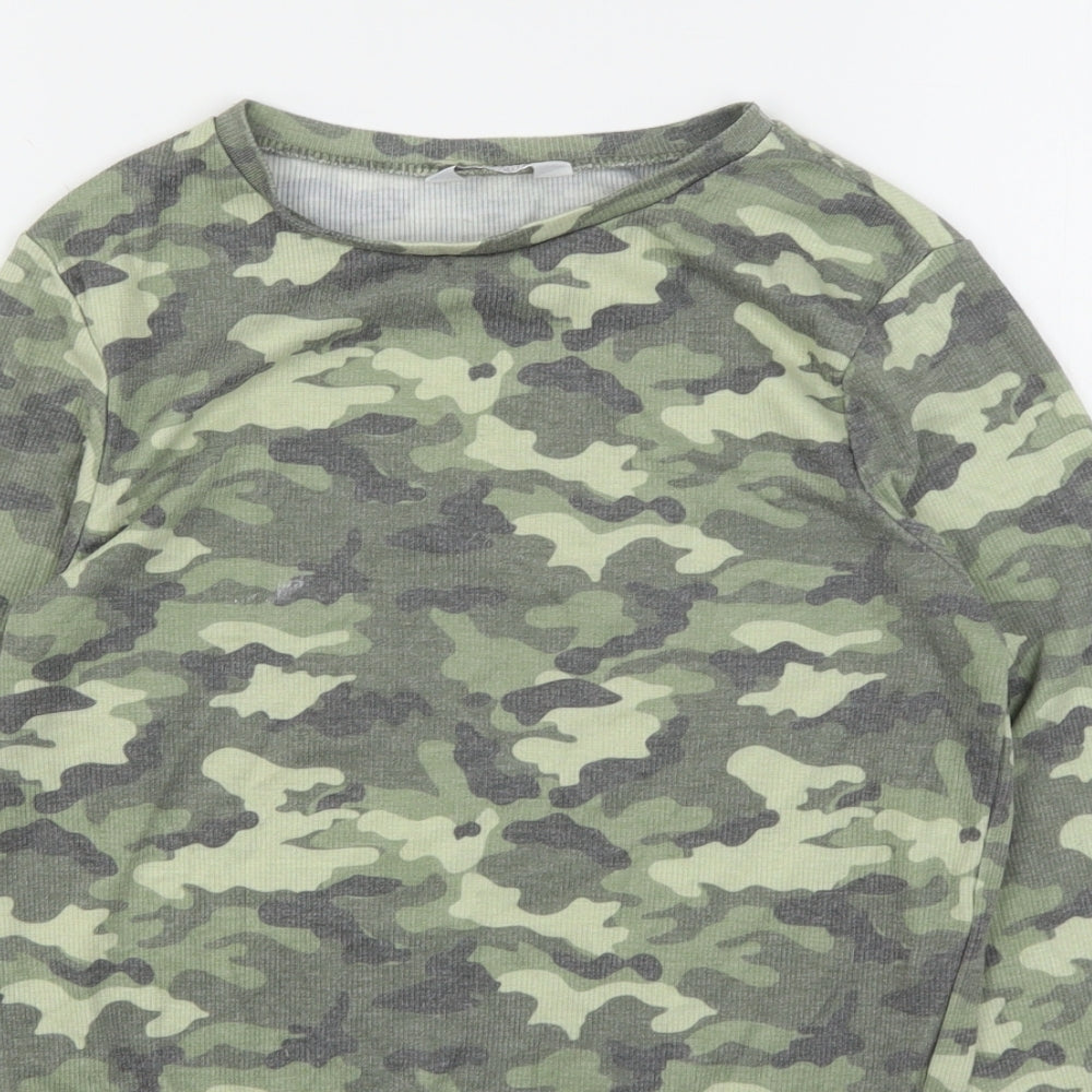 Primark Girls Green Camouflage Cotton Cropped T-Shirt Size 14-15 Years Round Neck