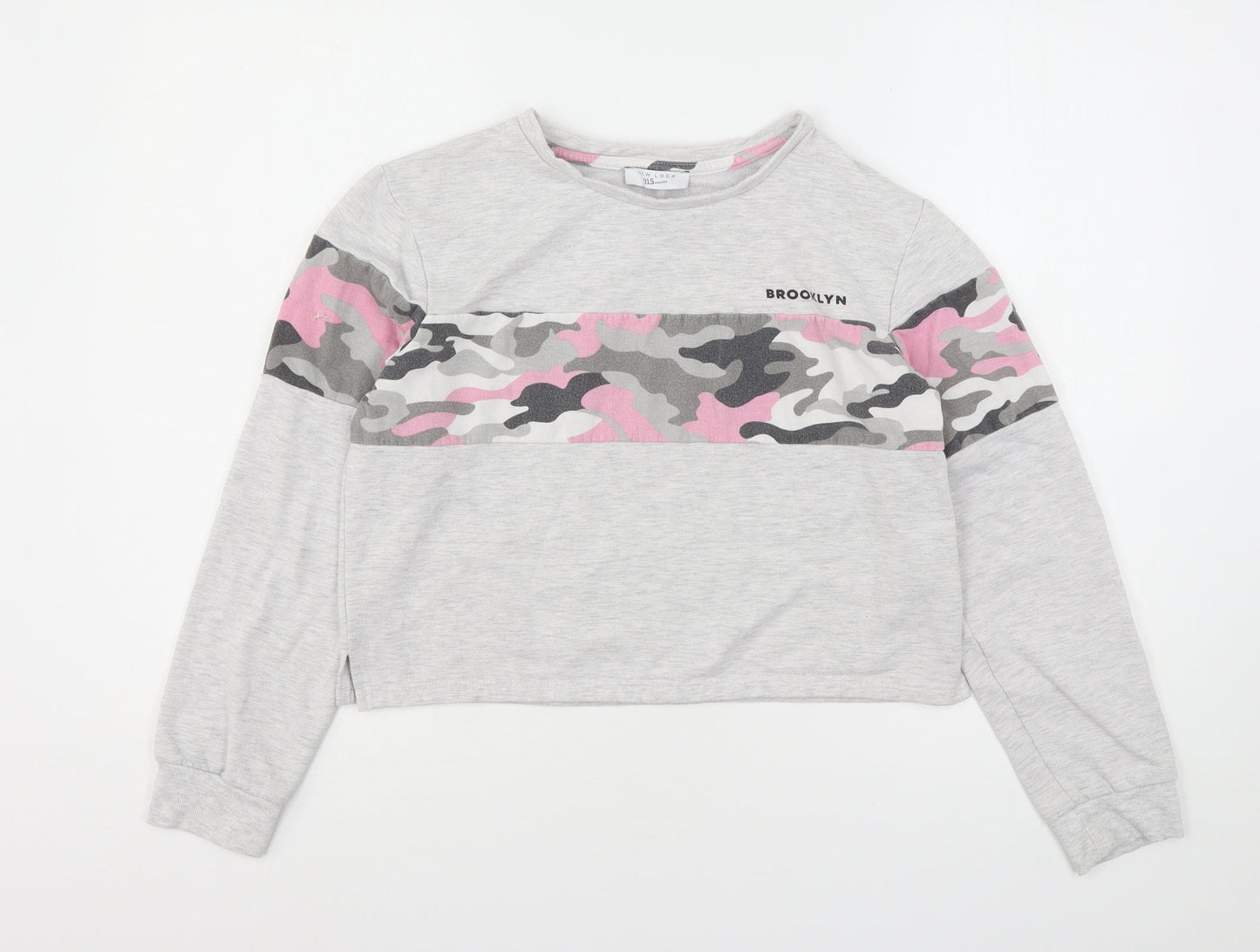 New Look Girls Grey Camouflage Polyester Pullover Sweatshirt Size L   - Cropped