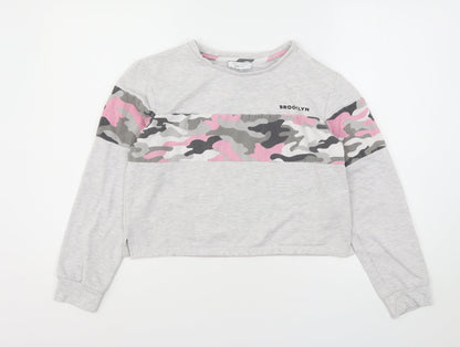 New Look Girls Grey Camouflage Polyester Pullover Sweatshirt Size L   - Cropped