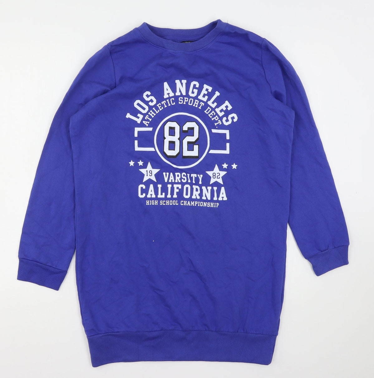 Front view of Pep&Co women’s blue cotton pullover sweatshirt, size UK 12