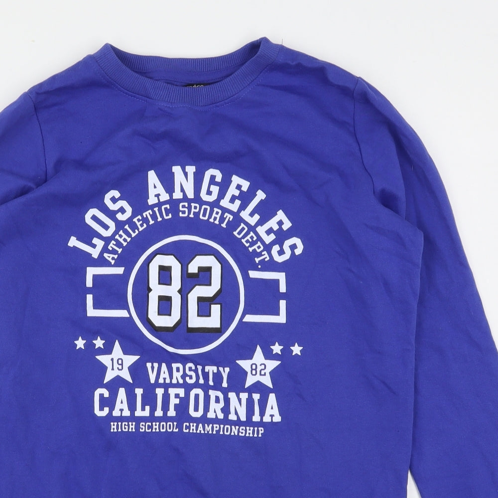 Close-up detail of Pep&Co women’s blue cotton pullover sweatshirt, size UK 12