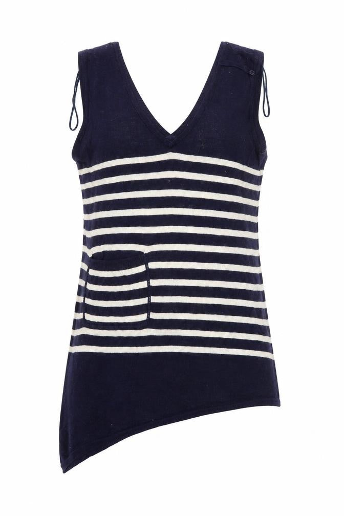Front view of Planet women’s multicoloured v-neck striped viscose vest jumper, size S