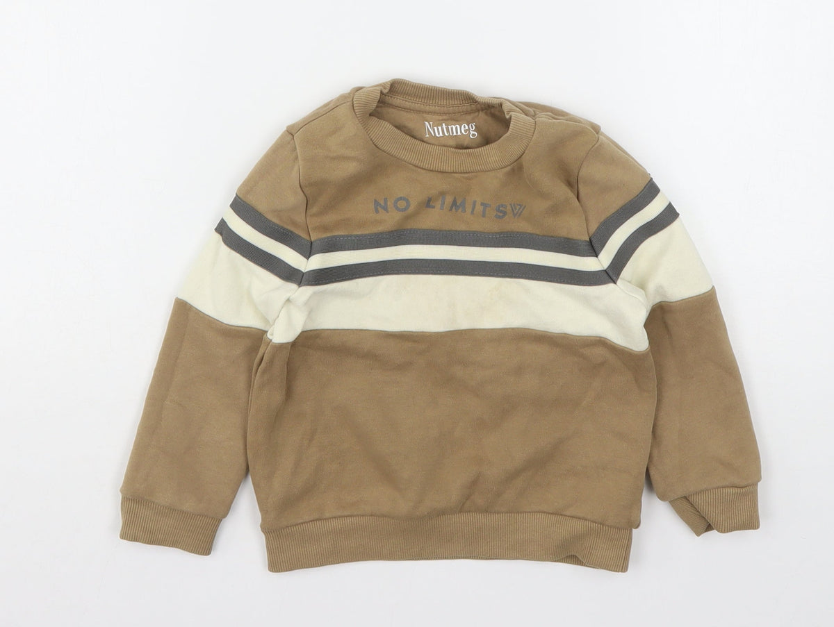 Front view of Nutmeg boys’ brown cotton pullover sweatshirt, size 2-3, years