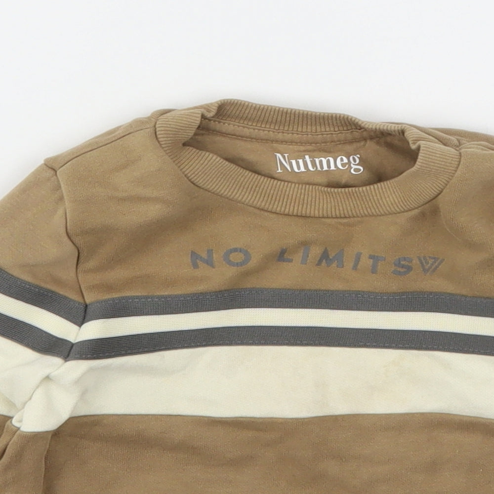 Close-up detail of Nutmeg boys’ brown cotton pullover sweatshirt, size 2-3, years