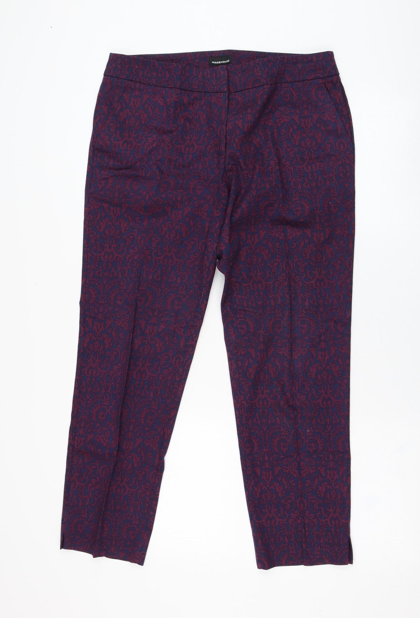 Warehouse Womens Blue Geometric Cotton Carrot Trousers Size 12 L26 in Regular Zip