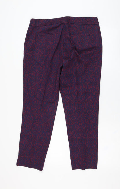 Warehouse Womens Blue Geometric Cotton Carrot Trousers Size 12 L26 in Regular Zip
