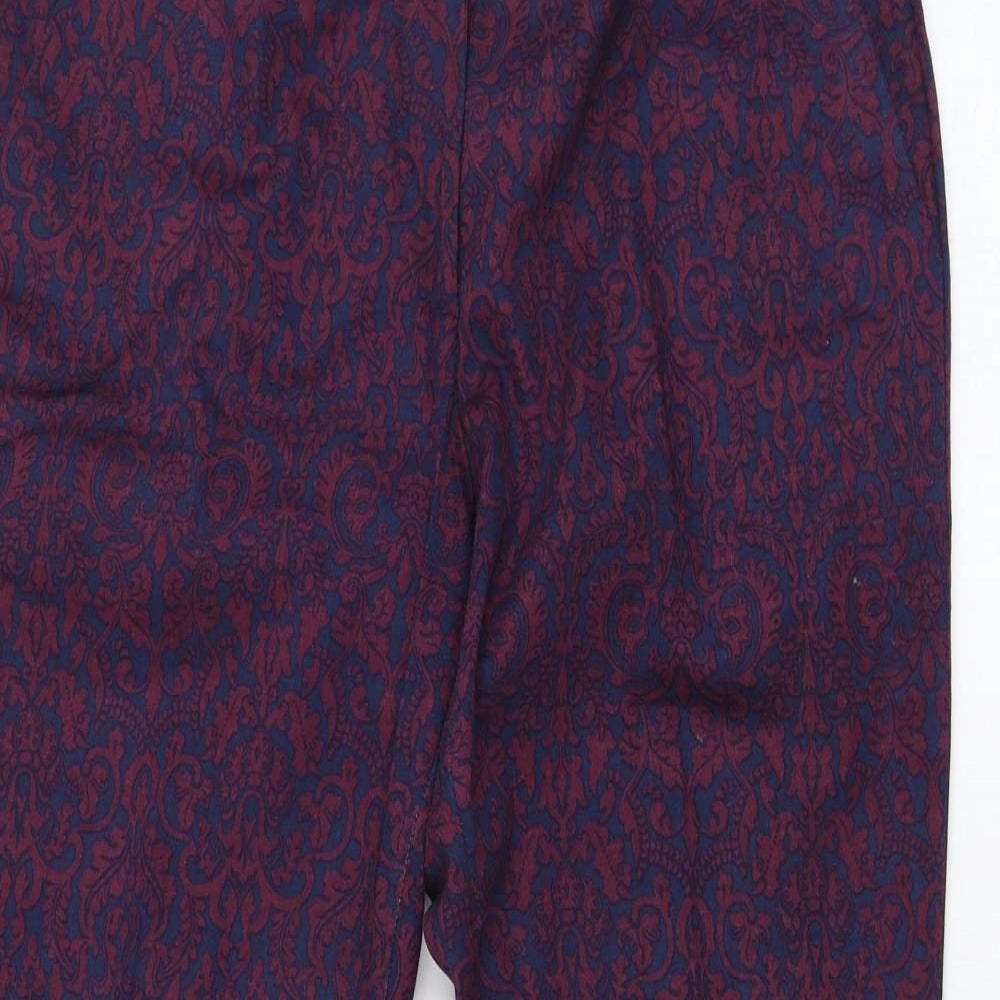Warehouse Womens Blue Geometric Cotton Carrot Trousers Size 12 L26 in Regular Zip