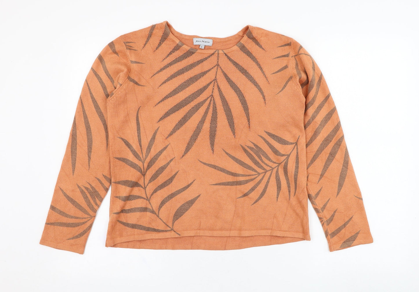 Anne Marie Womens Orange Round Neck Floral Polyester Pullover Jumper Size L
