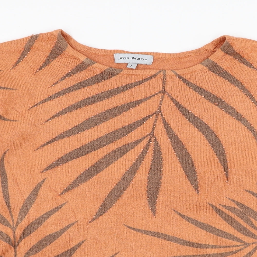 Anne Marie Womens Orange Round Neck Floral Polyester Pullover Jumper Size L