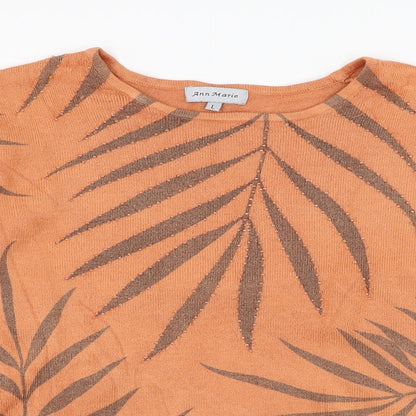 Anne Marie Womens Orange Round Neck Floral Polyester Pullover Jumper Size L