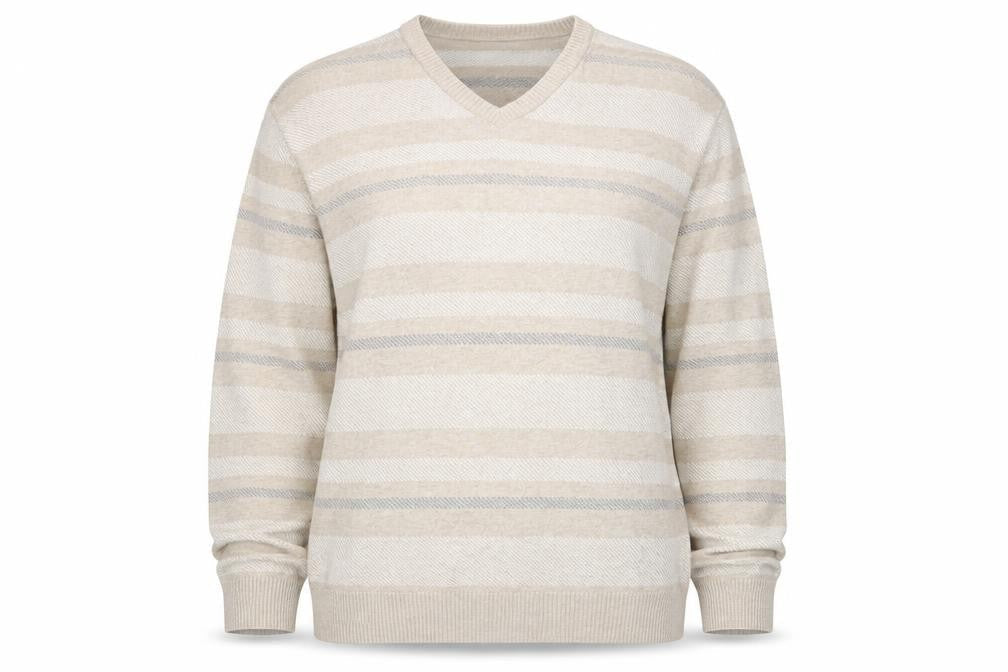 Front view of Marks & Spencer women’s beige round neck striped cotton jumper, size L