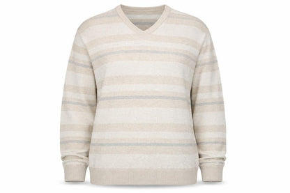 Front view of Marks & Spencer women’s beige round neck striped cotton jumper, size L