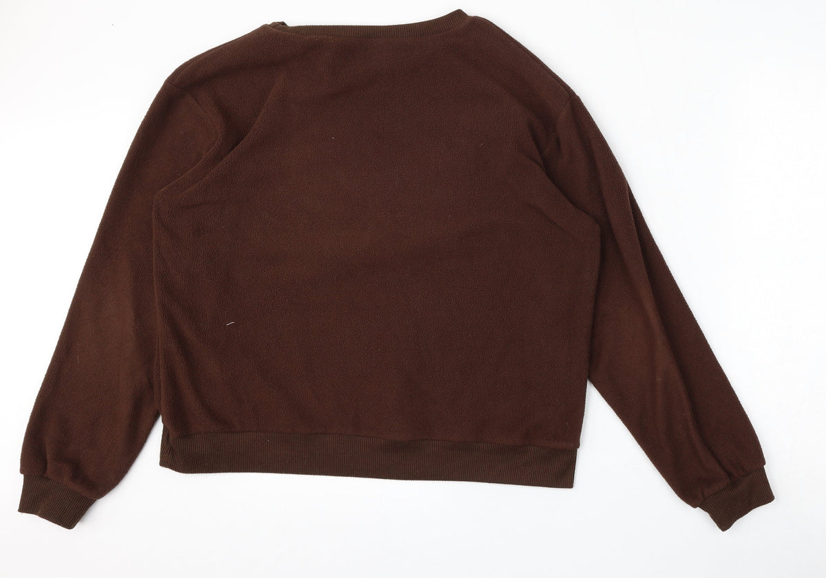Back view of SHEIN women’s brown polyester pullover sweatshirt, size M