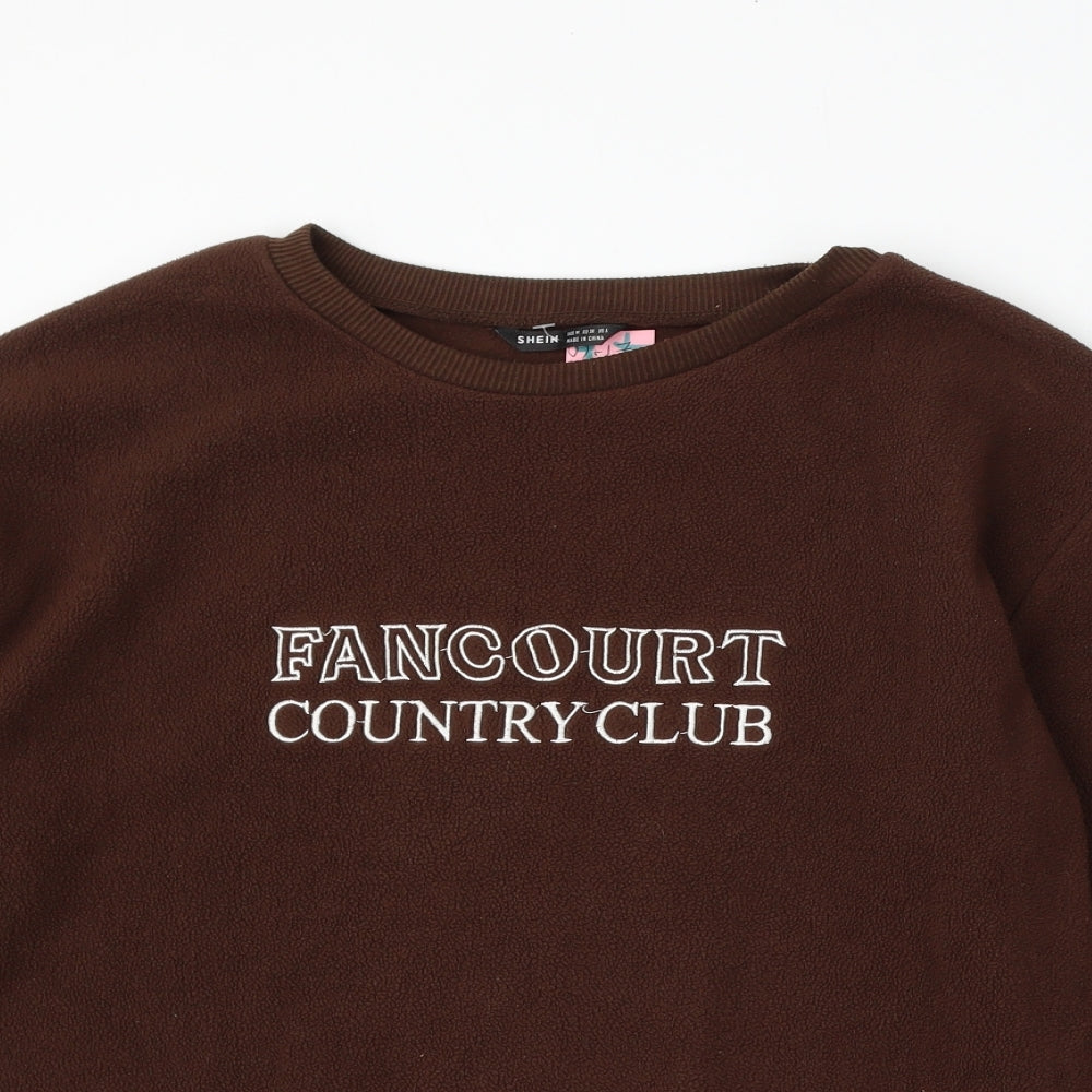 Close-up detail of SHEIN women’s brown polyester pullover sweatshirt, size M